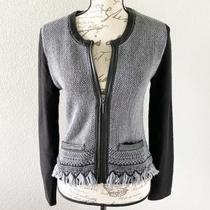 Nanette Lepore Gray and Black Merino Wool Blend Cardigan Sweater Leather Accents